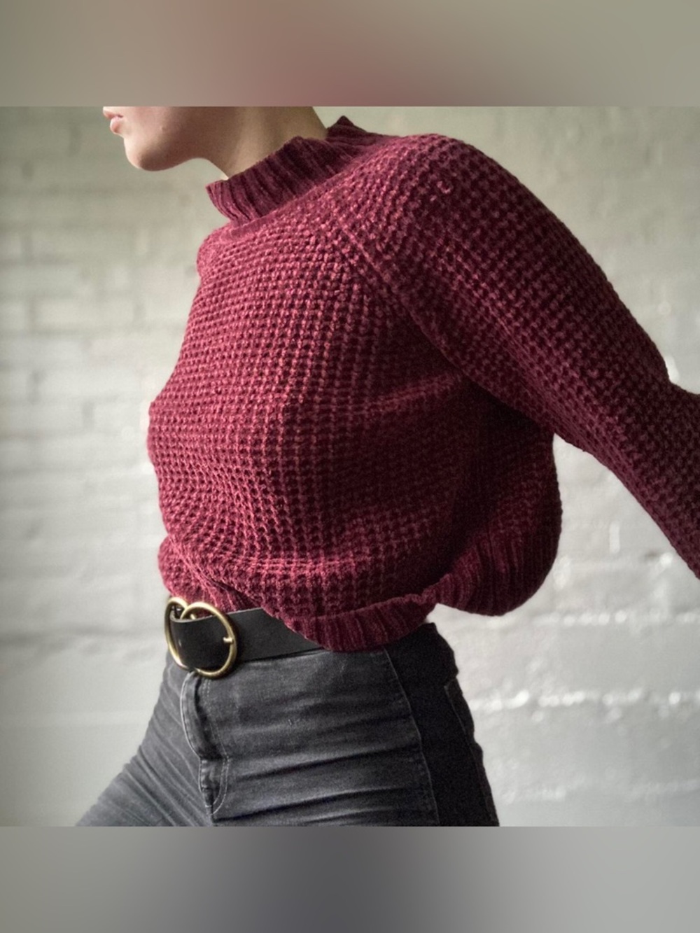 H&M Divided Maroon Waffle Knit Mock Neck Cropped Sweater XS